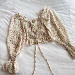 Cream Floral Smocked Peasant Crop Top